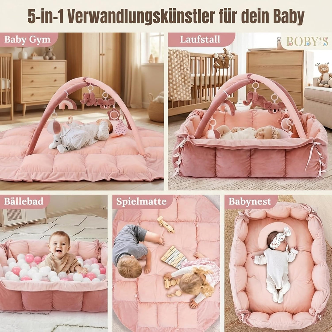 5-in-1 Baby Spielmatte mit Spielbogen, Babynest, Laufstall und Bällebad in Rosa