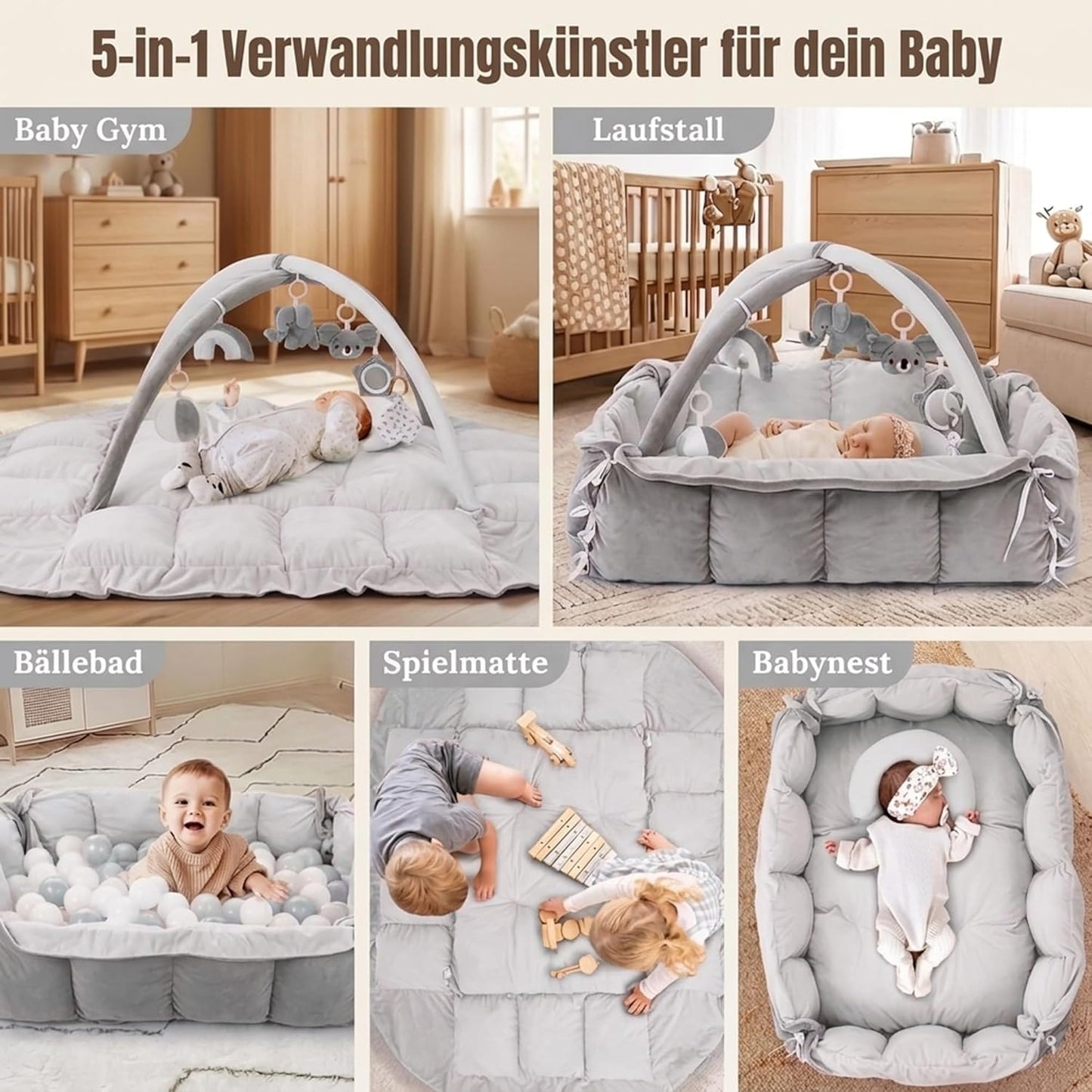 5-in-1 Baby Spielmatte mit Spielbogen & Babynest
